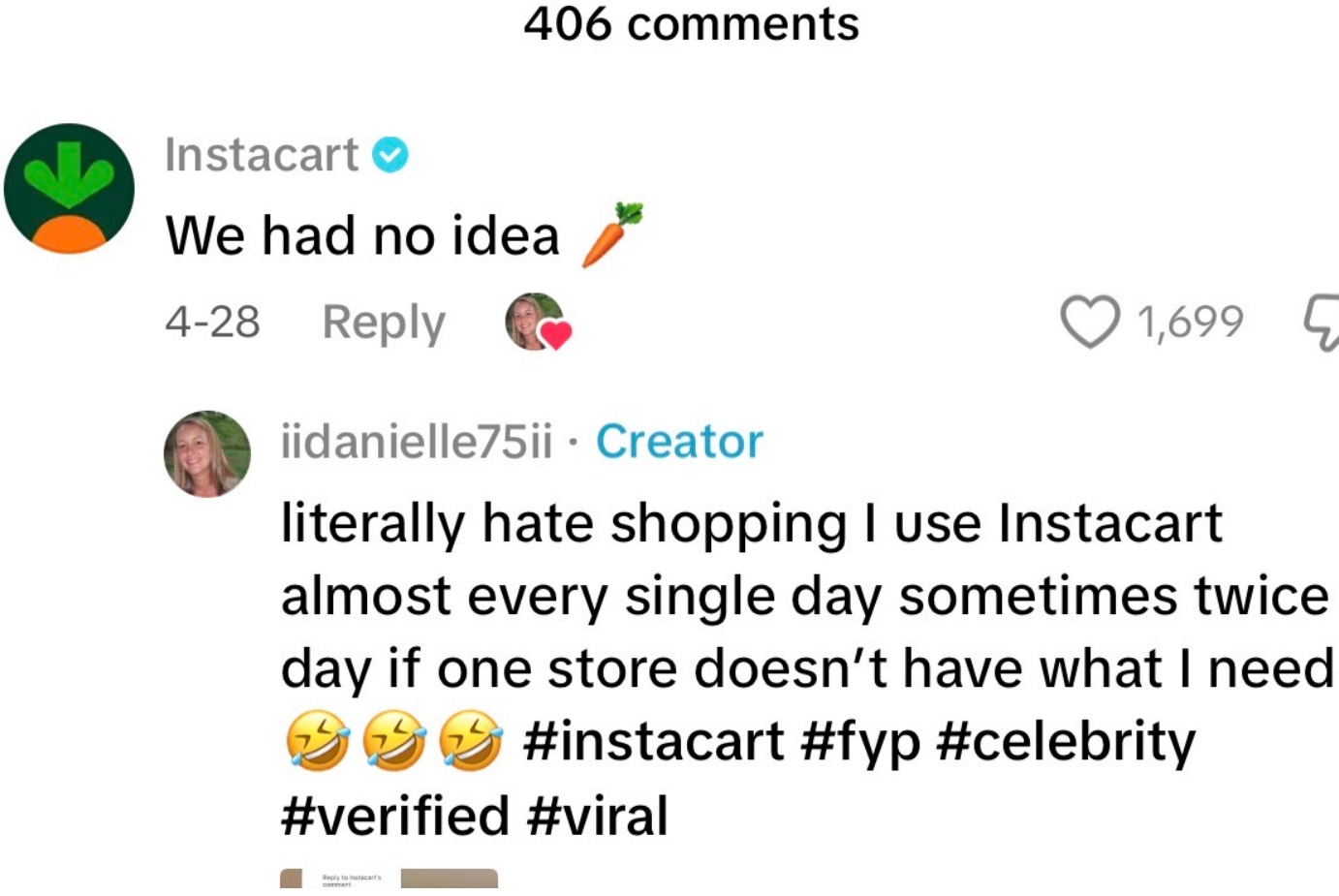 Instacart TikTok comment — 1,699 likes